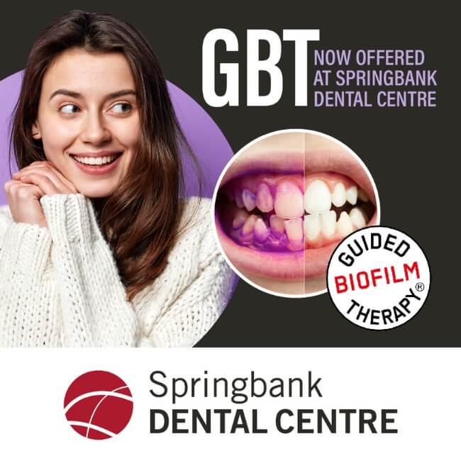 Dental comparison showing teeth before and after biofilm removal.