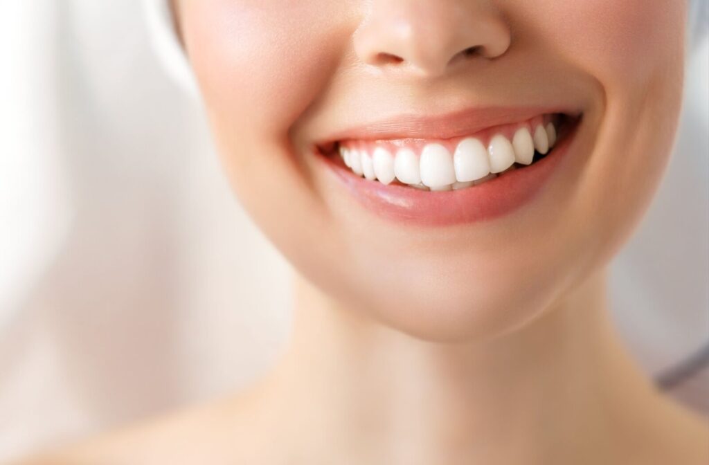 Close-up of a bright, healthy white smile.