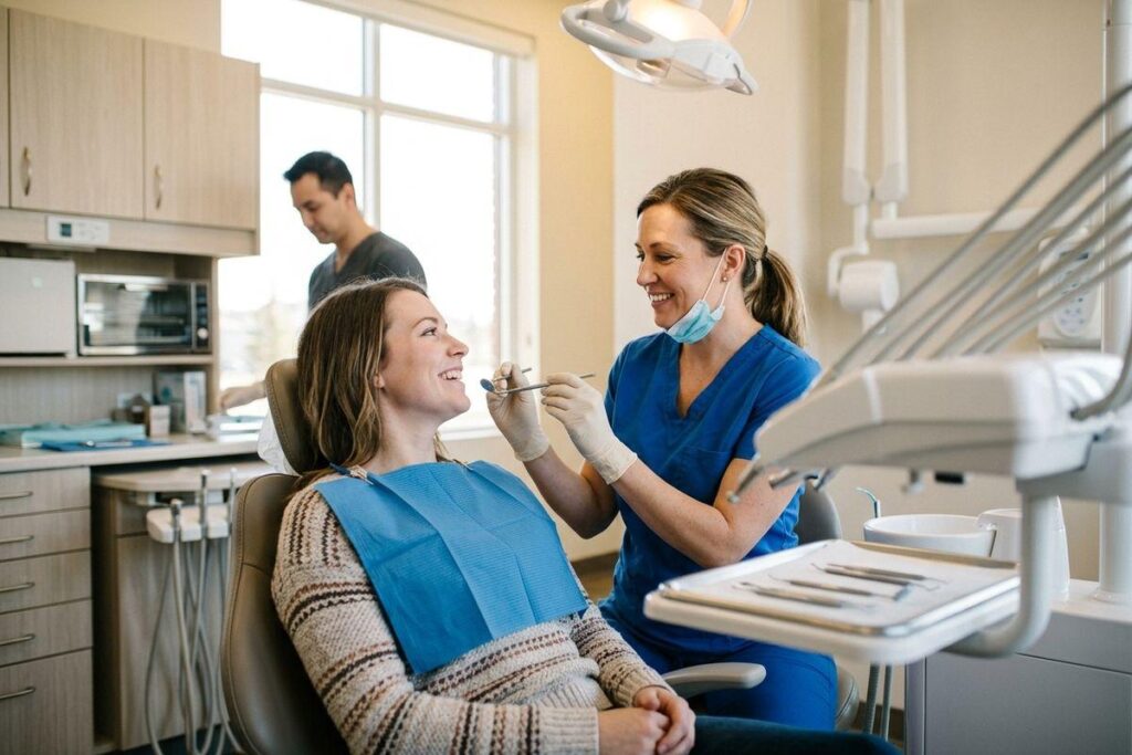 Dentist examining a patient’s teeth during a dental exam.