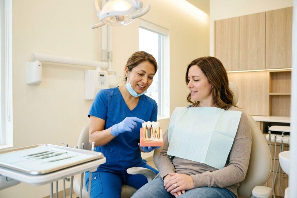Dentist explaining a dental implant model to an adult patient at Springbank Dental Centre in Calgary.