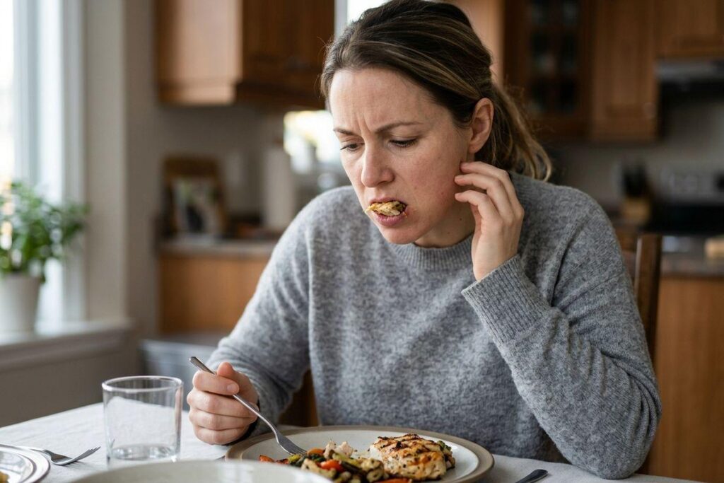 Person holding their jaw in dental discomfort and having a hard time chewing food.