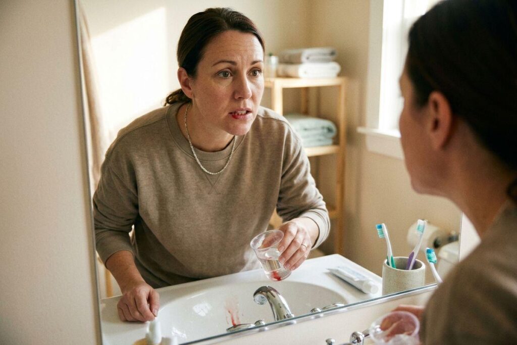 Person looking in the mirror, concerned about bleeding gums.