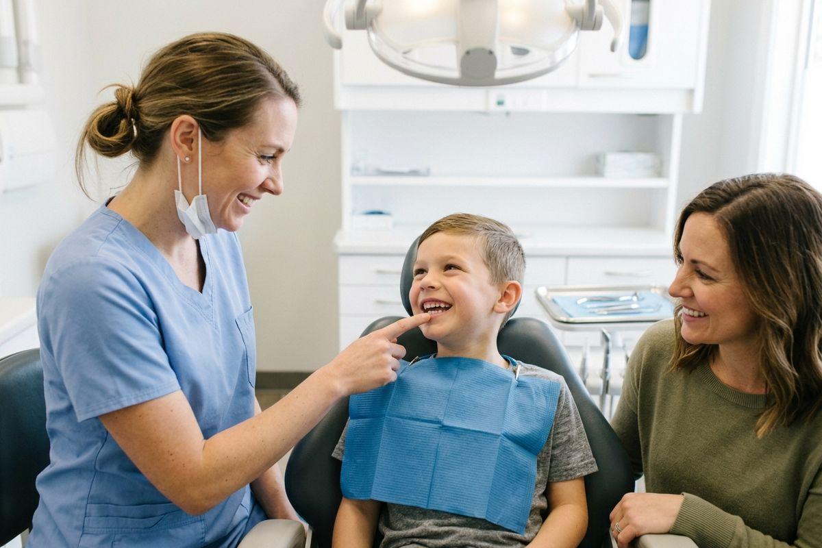 Smiling child showing clean, healthy teeth at Springbank Dental Centre in Calgary.