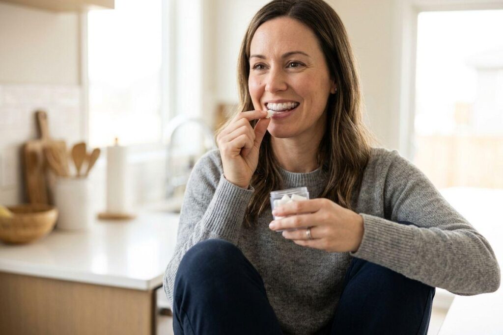 Smiling person wearing Invisalign® clear aligners holding a piece of chewing gum.