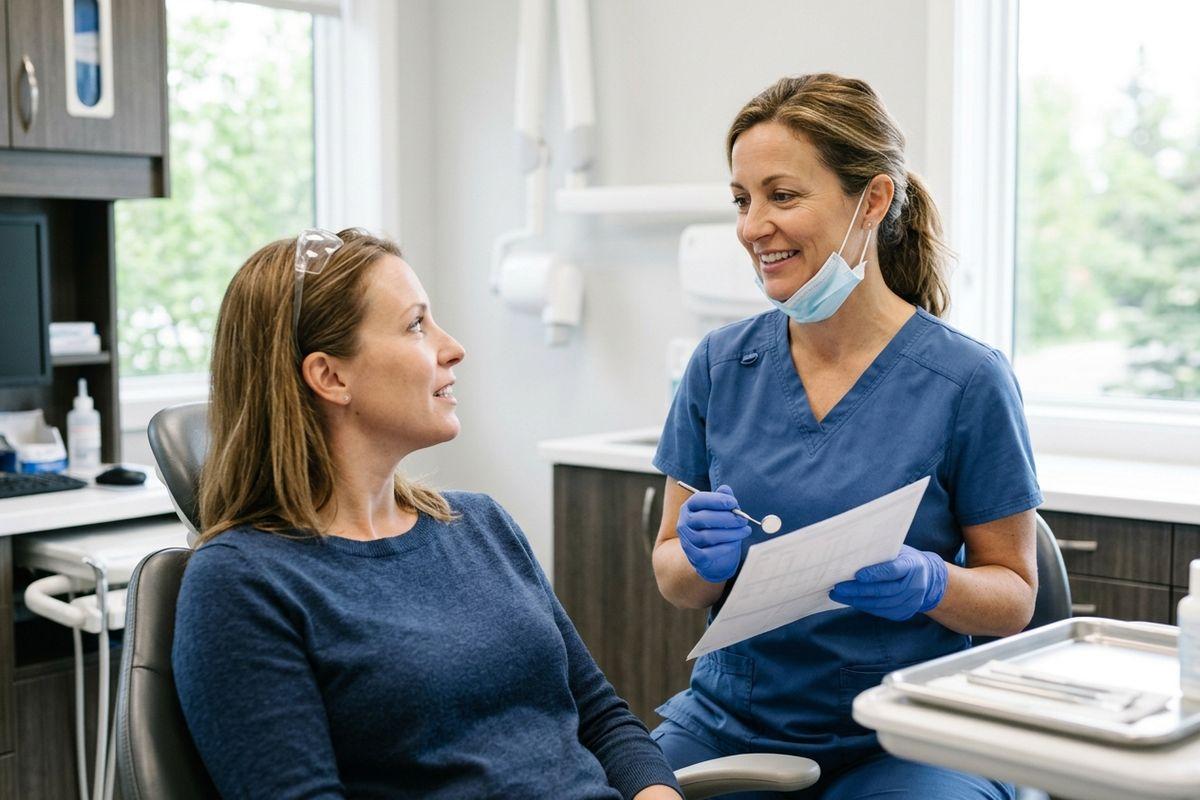 A dentist smiling, holding paperwork and a dental mirror, speaking with a patient seated in a dental chair in a clinic.