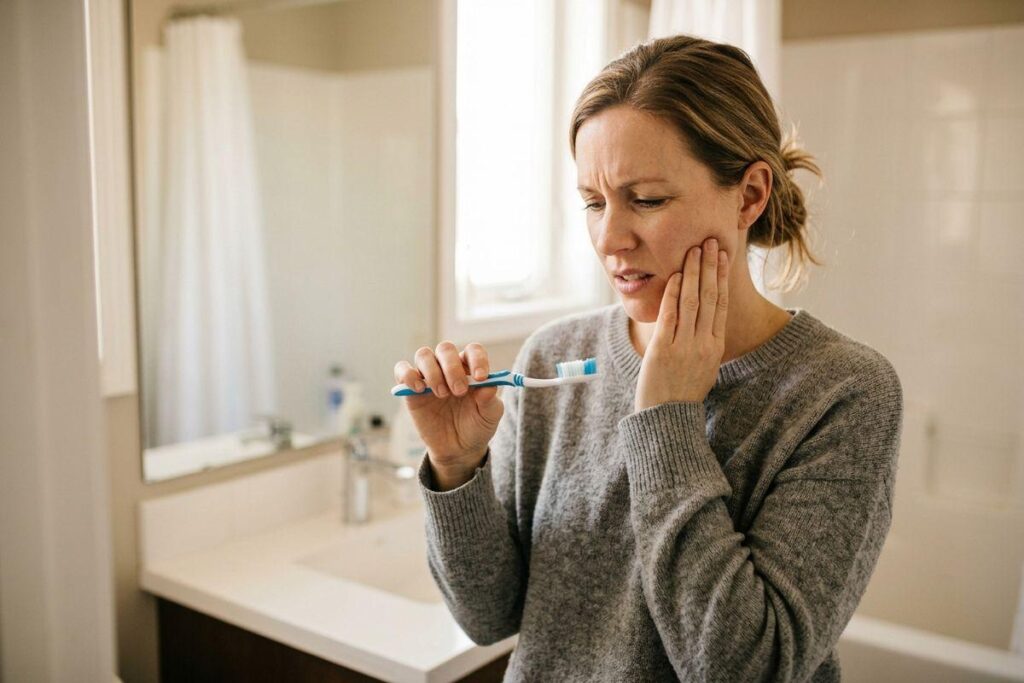 Adult holding a toothbrush in a bathroom, pressing a hand to their cheek with a pained expression.