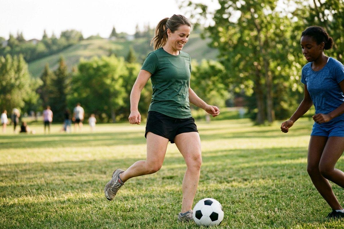 People playing soccer on an outdoor grass field.